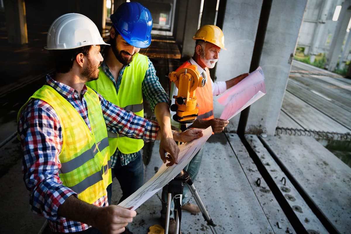 Construction workers reviewing blueprints